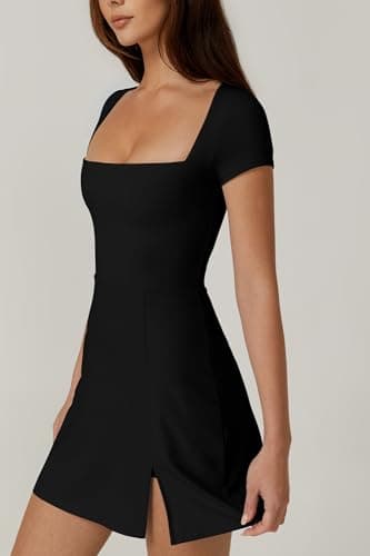 QINSEN Tennis Dress for Women Square Neck Short Sleeve Active Workout Dress Built in Shorts Black XL - Image 4