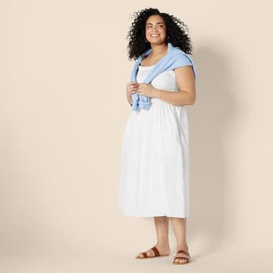 Amazon Essentials Women's Regular-Fit Cotton Sateen Smocked Bodice Midi Dress, White, X-Small - Image 7