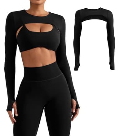 YEOREO Women Crop Top Long Sleeve Bolero Open Front Workout Cropped Shirts Sports Shrug Without Bra Black M - Image 1