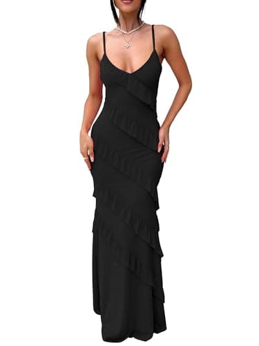HOCILLE Women's Sexy V Neck Backless Bodycon Spaghetti Strap Elegant Ruffle Maxi Cocktail Party Dresses, Large, Black - Image 1