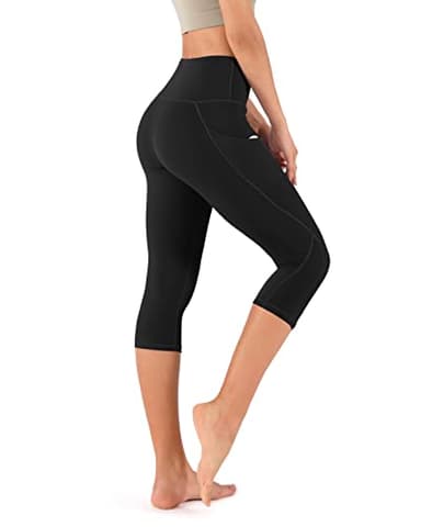 ODODOS Women's High Waisted Yoga Capris with Pockets,Tummy Control Non See Through Workout Sports Running Capri Leggings, Black,Medium - Image 3