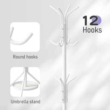 Wieghda Coat Rack Freestanding Entryway Hanger Stand, Umbrella Holder, Hall Tree With 12 Hooks, Floor Standing Metal Tree Stand, White - Image 7