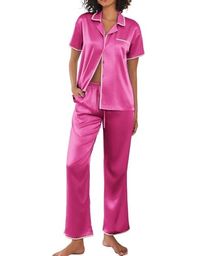 Ekouaer Silk Pajamas for Women Set Satin Two Piece Pjs Sets Ric Rac Trim Contrast Loungewear Rose - Image 1
