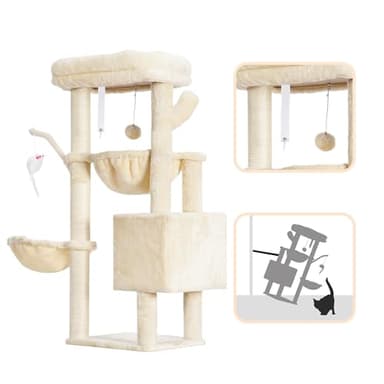 Heybly Cat Tree, 39.4 Inches Tower Condo with Scratching Post, Cat Tower for Indoor Cats, Fully Wrapped Sisal Pole, Soft Platform, 2 Baskets and Dangling Toy, Beige HCT006SM - Image 7