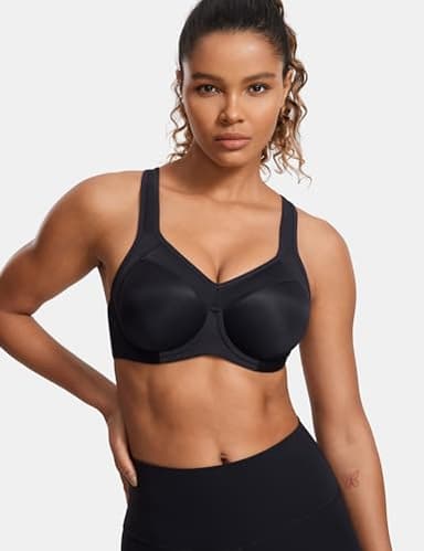 SYROKAN Women's Full Support High Impact Racerback Lightly Lined Underwire Sports Bra Solid Black 36G - Image 2