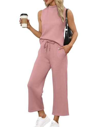 SAMPEEL Matching Sets Women Clothing 2 Piece Sets Summer Casual Mock Neck Lounge Sets Sleeveless Wide Leg Pants Vacation Outfits Sweat Set - Image 1