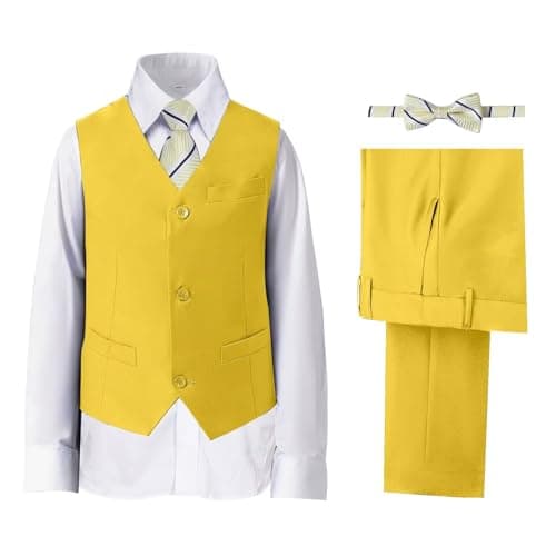 Boys Suits Vest and Pants Set Toddler Boy Suit Size 8 Yellow Formal Dress Clothes for Kids Wedding Outfit Christmas Homecoming Suit with Tie - Image 1