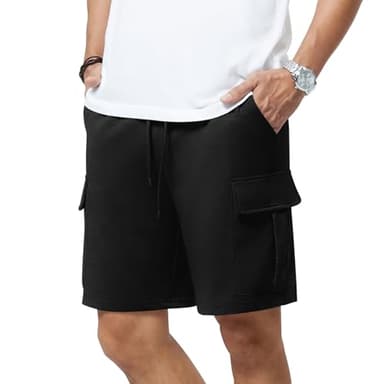 3rd hill Mens Casual Sweat Cargo Cotton Shorts Drawstring Elastic Waist Athletic Workout Gym Jogger Shorts with 5 Pockets Black - Image 2