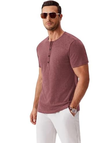 COOFANDY Men's Casual Short Sleeve Henley Shirts Stylish Summer Tee Button Henley Basic Tee Red - Image 7