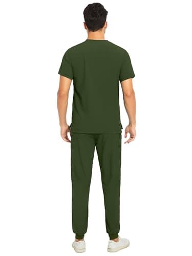 COZYFIT Men's Scrubs Set - Stretch V-Neck Top & Jogger Pant with 8 Pockets, Yoga Waistband, Anti-Wrinkle Scrubs - Army Green, M - Image 2