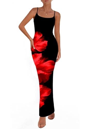 PRETTYGARDEN Womens Floral Maxi Dress Spaghetti Strap Mesh Dress Backless Night Out Party Long Bodycon Dresses(Floral Black Red,Small) - Image 1