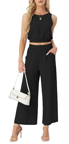 GRECERELLE Two Piece Sets for Women Sleeveless Crop Top Wide Leg Pants Sweat Set for Women 2025 Summer Black-M - Image 2