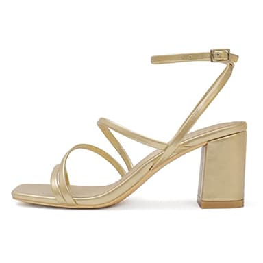 LACUONE Strappy Heels for women Block Heels Square Toe Chunky Ankle Buckle Pump Heeled Sandals (10,Gold) - Image 2