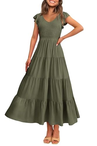 PRETTYGARDEN Women's Summer Flowy Maxi Dress Casual Cap Sleeve V Neck Smocked Beach Sundress (Solid Army Green,Medium) - Image 1