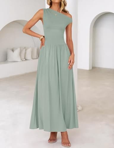 ZESICA Women's Summer 2025 Sleeveless Maxi Dress One Shoulder Casual Slim Swing Pleated Formal Dresses with Pockets,BeanGreen,Medium - Image 9