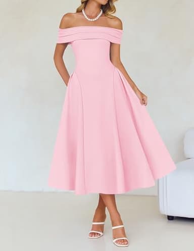 ZESICA Cocktail Dresses for Women's Elegant Off Shoulder Short Sleeve Swing A Line Wedding Evening Party Midi Dress,Pink,Medium - Image 3