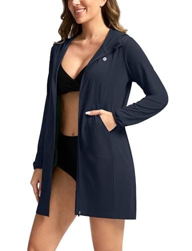 Women's UPF 50+ Swim Cover Up Sun Protection Hoodie Long Jacket SPF Lightweight Beach Cover Ups for Women(Navy,XL) - Image 1