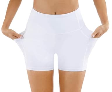 THE GYM PEOPLE High Waist Yoga Shorts for Women Tummy Control Fitness Athletic Workout Running Shorts with Deep Pockets (Large, White) - Image 2