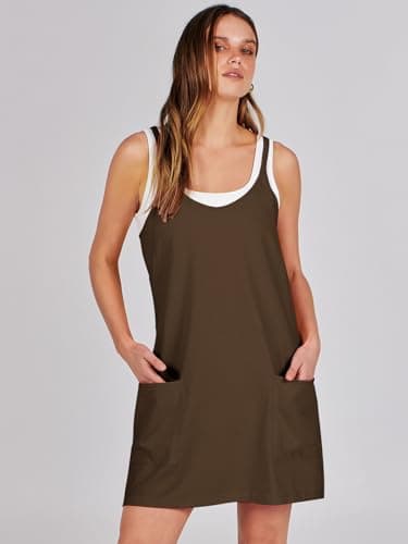 Caracilia Womens Summer Mini Dress 2025 Casual Sleeveless Built in Shapewear Sundress Trendy Short Tennis Athletic Outfits Deep Khaki XX-Large - Image 7