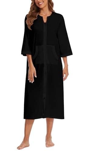 Korelayer Zipper Robes for Women 3/4 Sleeve Housecoats Long Lightweight Bathrobe House Dress with Pockets, Black, XX-Large - Image 5