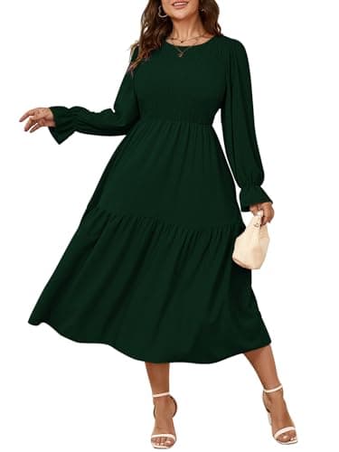 SHESTARR Women's Plus Size Dress Long Sleeve Crewneck Smocked Tiered Flowy Boho Wedding Party Maxi Dresses Emerald Green - Image 1