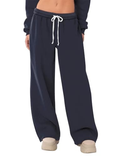 HeSaYep Women's Fleece Lined Sweatpants Wide Leg Baggy High Waisted Sweat Pants Drawstring Lounge Trousers Y2K Straight Leg Sherpa Pants Navy Blue M - Image 1