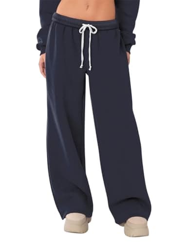 HeSaYep Women's Fleece Lined Sweatpants Wide Leg Baggy High Waisted Sweat Pants Drawstring Lounge Trousers Y2K Straight Leg Sherpa Pants Navy Blue M - Image 1