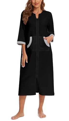 Korelayer Zipper Robes for Women 3/4 Sleeve Housecoats Long Lightweight Bathrobe House Dress with Pockets, Black, XX-Large - Image 4