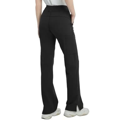 QBK High Rise Yoga Scrub Pants Women - Straight Wide Leg Uniform Pants with Cargo Pocket, Anti-Wrinkle & Knit Yoga Waistband (Regular, Black, L) - Image 2