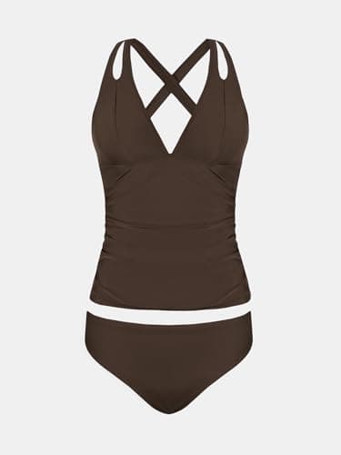 CUPSHE Women's Tankini Set Two Piece Swimsuit Mid Rise V Neck Crisscross Adjustable Straps Cutout Ruched, L Dark Brown - Image 6
