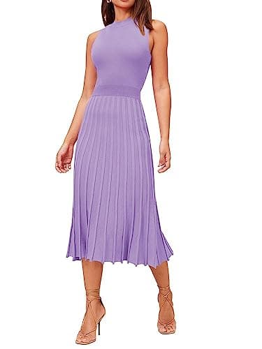 Pink Queen Women's Sexy Crew Neck Sleeveless Bodycon Pleated Swing Flowy Wedding Midi Knitted Dresses Purple M - Image 1