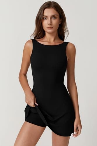 QINSEN Womens Open Back Tennis Dress Sleeveless Built in Shorts Golf Athletic Dress with Pockets Black M - Image 4