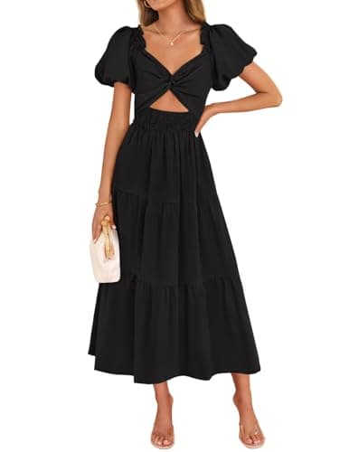 ZESICA Womens Summer 2025 Boho Vacation Dress Short Puff Sleeve Flowy Smocked Cutout A Line Beach Party Dresses,Black,Small - Image 1