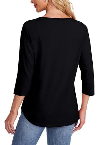 Blouses for Women Dressy Casual 3/4 Length Sleeve Trendy Spring Fashion 2025 Flowy Cute Summer Tops Scooped Neck Black Beach Vacation Clothes M - Image 5