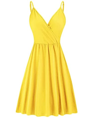STYLEWORD Women's V Neck Spaghetti Strap Summer Casual Swing Dress with Pocket (Yellow-429,S) - Image 2
