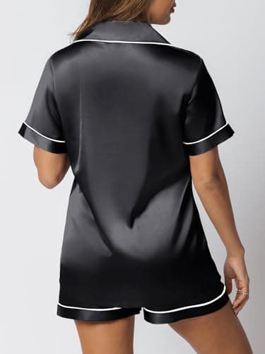 LILLUSORY Silk Satin Pajama Set for Women 2 Piece Lounge Pjs Shorts Matching Summer Sleepwear Button Down Shirt Shorts Black XXL - Image 4