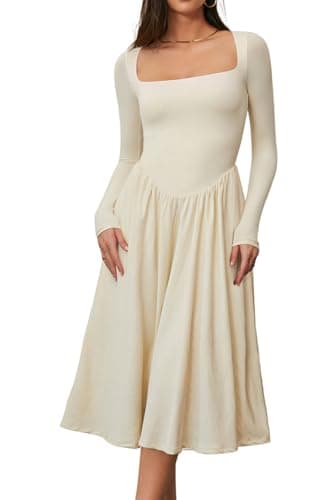 CHYRII Womens Spring Fashion 2025 Square Neck Long Sleeve Casual A-Line Midi Dress Beige XXL - Image 3