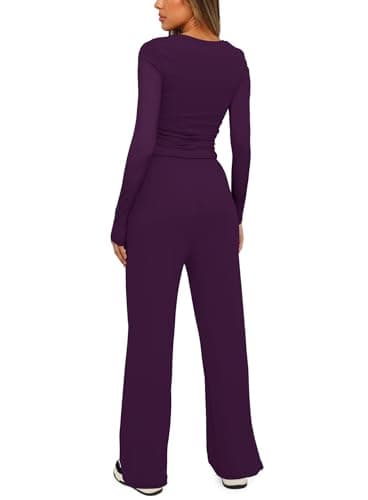Darong Women's 2 Piece Sets Fall Outfits Long Sleeve Wide Leg Tracksuits Casual Sweat Sets Lounge Set 9065B Dark Purple L - Image 2