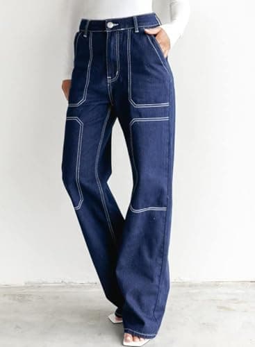 Dokotoo Womens Casual High Waisted Cargo Jeans for Women Wide Leg Boyfriend Denim Pants Blue Size 8 - Image 2