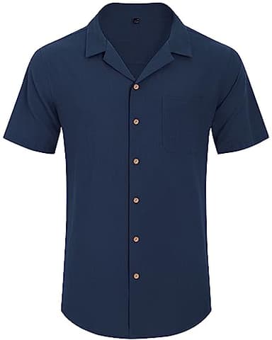 Alimens & Gentle Mens Linen Shirt Cuban Short Sleeve Button Down Shirts Cotton Summer Beach Shirts Vacation Hawaiian Shirts Navy Blue - Image 4