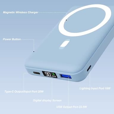 AOGUERBE Magnetic Power Bank, 10000mAh Foldable Wireless Portable Charger with USB-C Cable LED Display, for Mag-Safe Battery Pack 22.5W PD Fast Charging for iPhone 16/15/14/13/12 Pro/Pro Max/Plus/Mini - Image 2