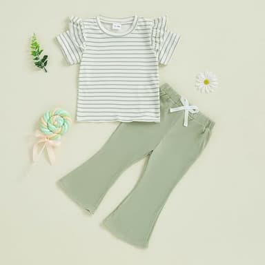 Demdzq Toddler Baby Girl Summer Clothes Striped Ruffles Short Sleeve T-Shirt Top Elastic Flare Pants Infant Spring Clothes (Cute Green, 2-3T) - Image 5