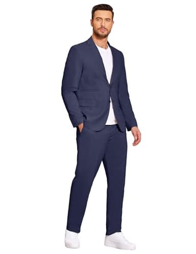 COOFANDY Mens Casual Linen Blazer and Pants 2 Piece Suits Lightweight Beach Wedding Prom Homecoming Suit Set Navy Blue - Image 2