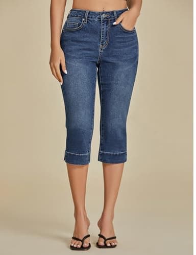 luvamia Capri Jeans for Women Trendy High Waisted Slim Split Hem Stretch Denim Jean Capris Cropped Pants Casual Summer Capri Jeans for Women Dark Atlantic Blue Medium Fits Size 8 / Size 10 - Image 4