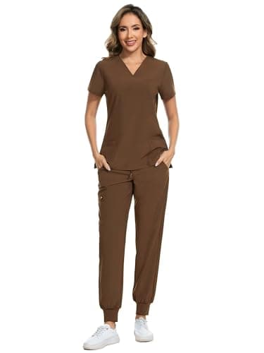 COZYFIT Scrubs for Women Set - Stretch V-Neck Scrub Top & Jogger Pant with 8 Pockets, Yoga Waistband, Anti Wrinkle, Slim Fit Women Scrubs - Brown, XXL - Image 1