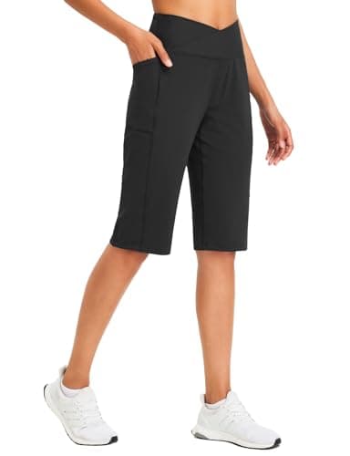 baleaf Women's Bermuda Long Shorts 14" Knee Length Capri Pants High Waisted Athletic Shorts with Pockets Summer Casual Black XS - Image 1