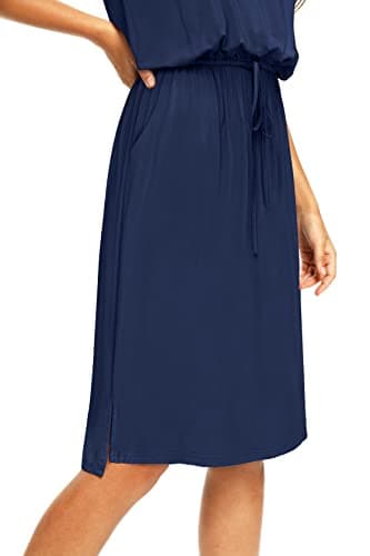 Womens Summer Pockets Modest Casual Midi Knee Length Dress Solid Navy L - Image 2