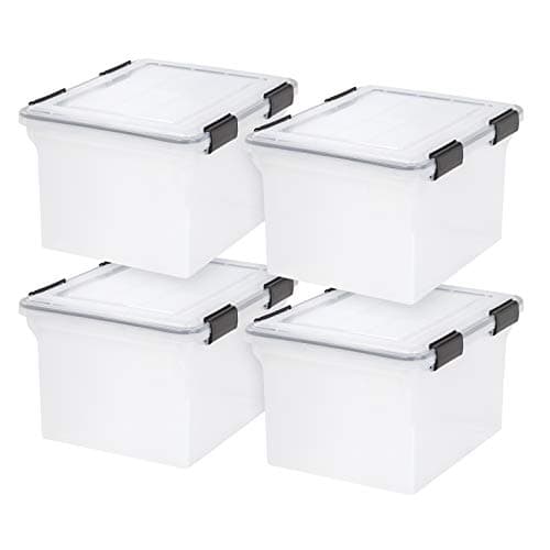 IRIS USA File Box WeatherPro File Organizer Plastic File Box for Letter/Legal File, Water Resistant Document Box, Durable Lid, Seal w/ Secure Latching Buckles, Stackable, Nestable, Clear 32 Qt. 4Pack - Image 1