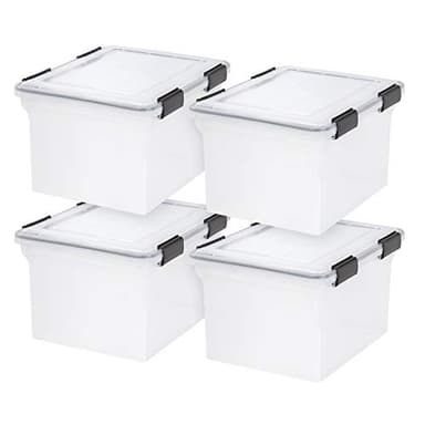 IRIS USA File Box WeatherPro File Organizer Plastic File Box for Letter/Legal File, Water Resistant Document Box, Durable Lid, Seal w/ Secure Latching Buckles, Stackable, Nestable, Clear 32 Qt. 4Pack - Image 1