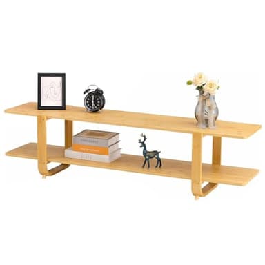 HollyHOME Bamboo TV Stand with Storage for TVs up to 65'', Modern Entertainment Center with 2 Open Shelf, Accent TV Media Console Table for Living Room, Bedroom, 55"(L), Burlywood - Image 6